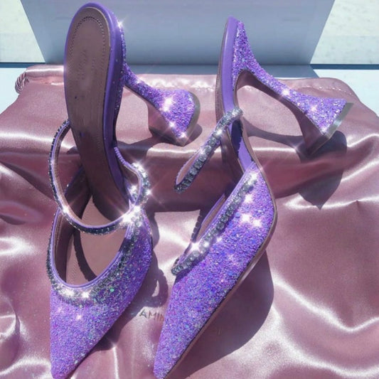 Crystal Sequin Spool Heel Pointed Toe Mule Pumps