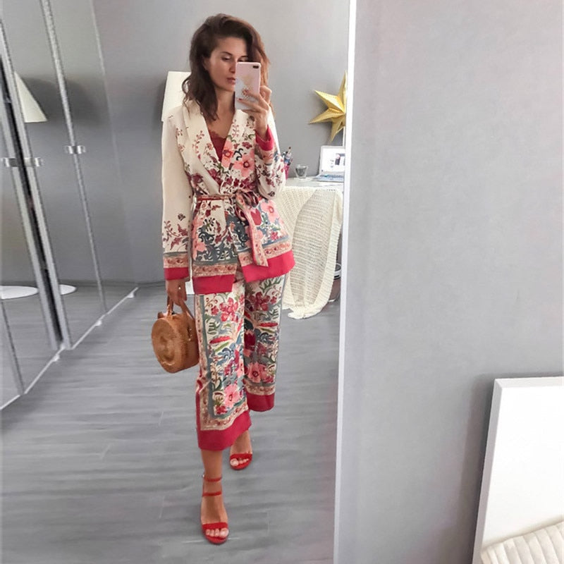 Kimono Cross V-Neck Long Sleeve Blazer Jacket OR Printed Wide Leg Drawstring Loose Pants-Suit Separates