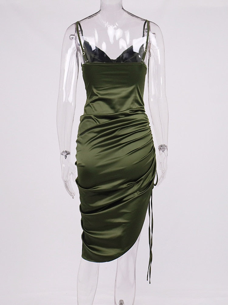 Ruched Satin Solid Color Drawstring Spaghetti Strap Cowl Neck Backless High Slit Prom/Party Formal Dress