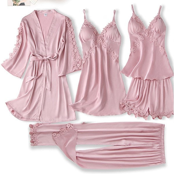 Satin Women's Sleepwear Set/Pajamas: Kimono Gown, Lace Intimate Lingerie Hollow Out Camisole, and Matching Lingerie Top w/ Shorts & Silky Pajama Pants