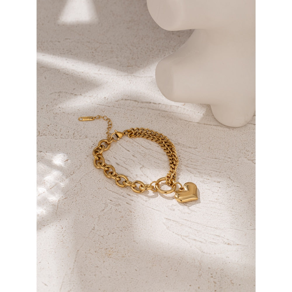 Statement Heart Pendant Stainless Steel Gold 18 K Plated Bracelet