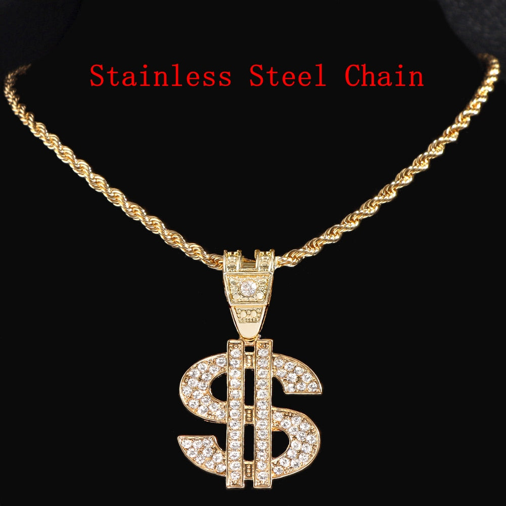 Dollar Sign Pendant Necklace 13mm Cuban Link Chain Necklace