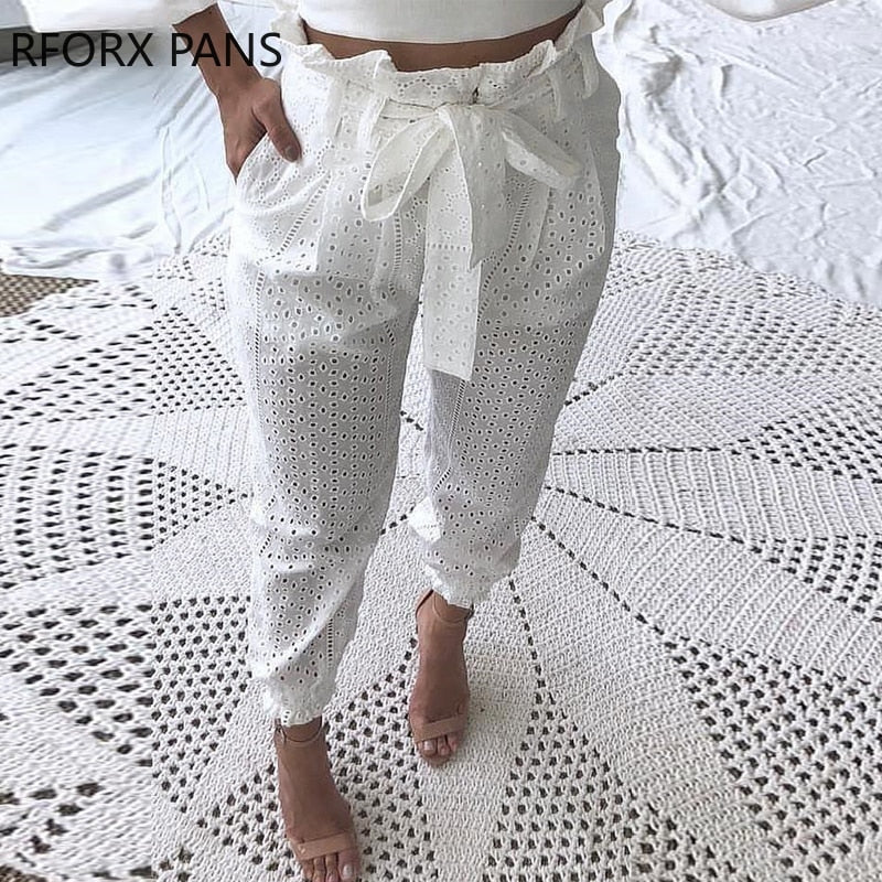 White Paperbag Waist Broderie Lace Pants