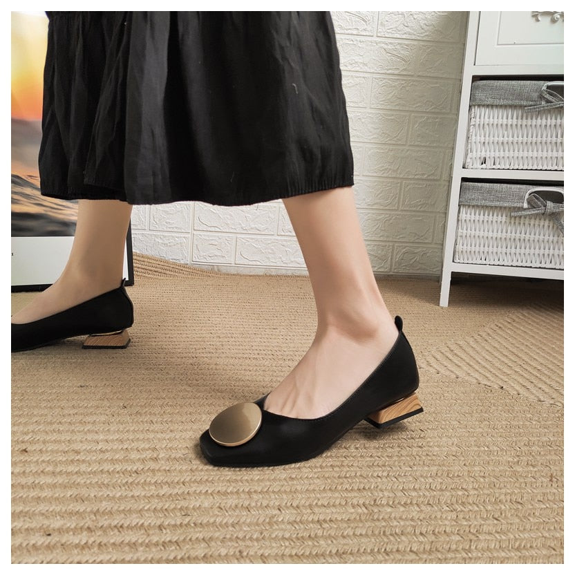 Women's Wooden Heel Ballet Square Toe Shallow Buckle Slip On Loafer Flats