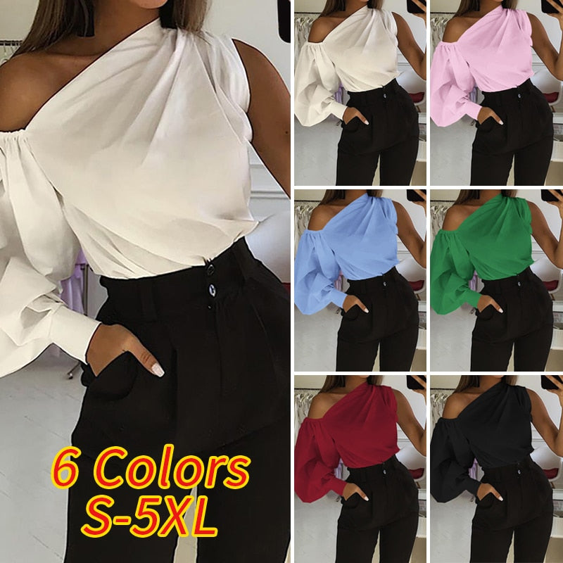 Lantern Sleeve Asymmetrical One Shoulder Loose Blouse