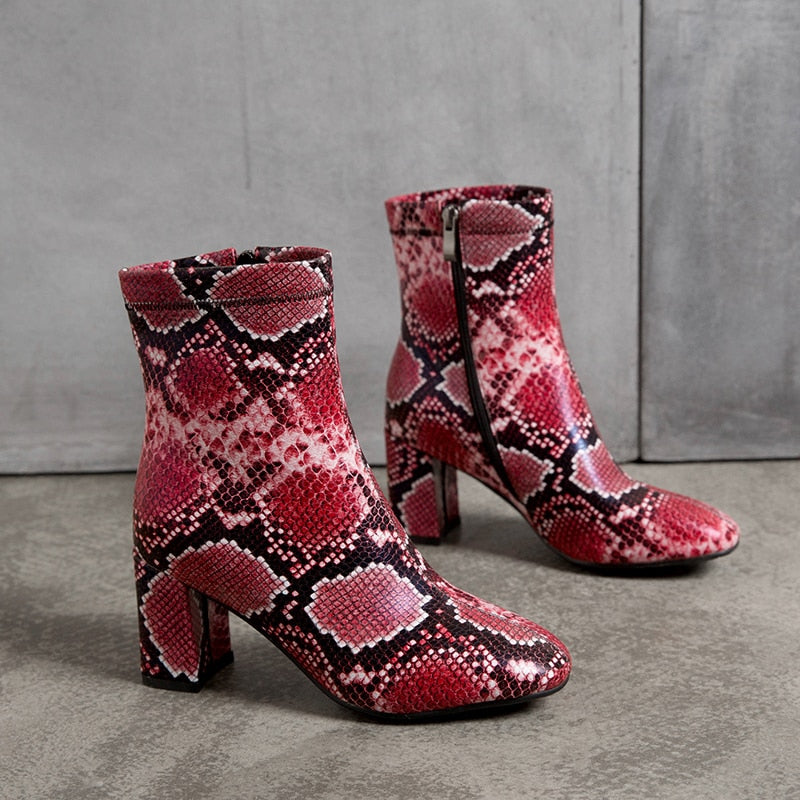 Snake Print Square Heel Ladies Ankle Boots