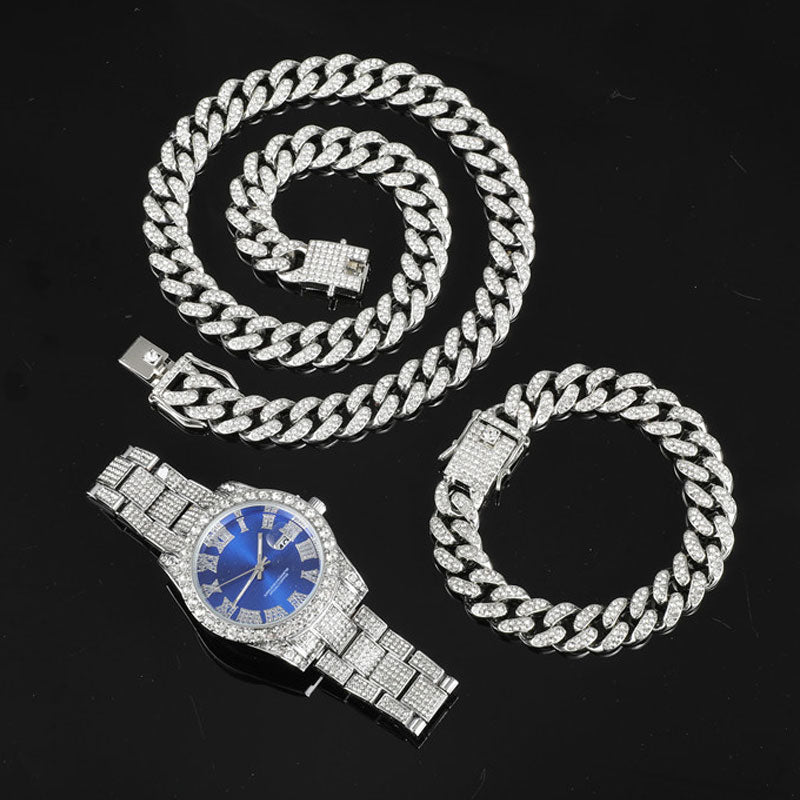 3-Piece Hip Hop/Rock Jewelry Sets: Bling Crystal AAA+ Rhinestone Iced Out Cuban Chain, Colored Watch + Bracelet