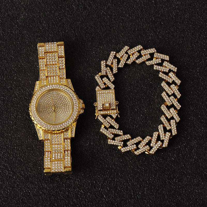 3-Piece Hip Hop Jewelry Sets: Bling Iced Out Miami Zircon Cuban Prong Pave Rhinestone Chain + Watch+ Bracelet