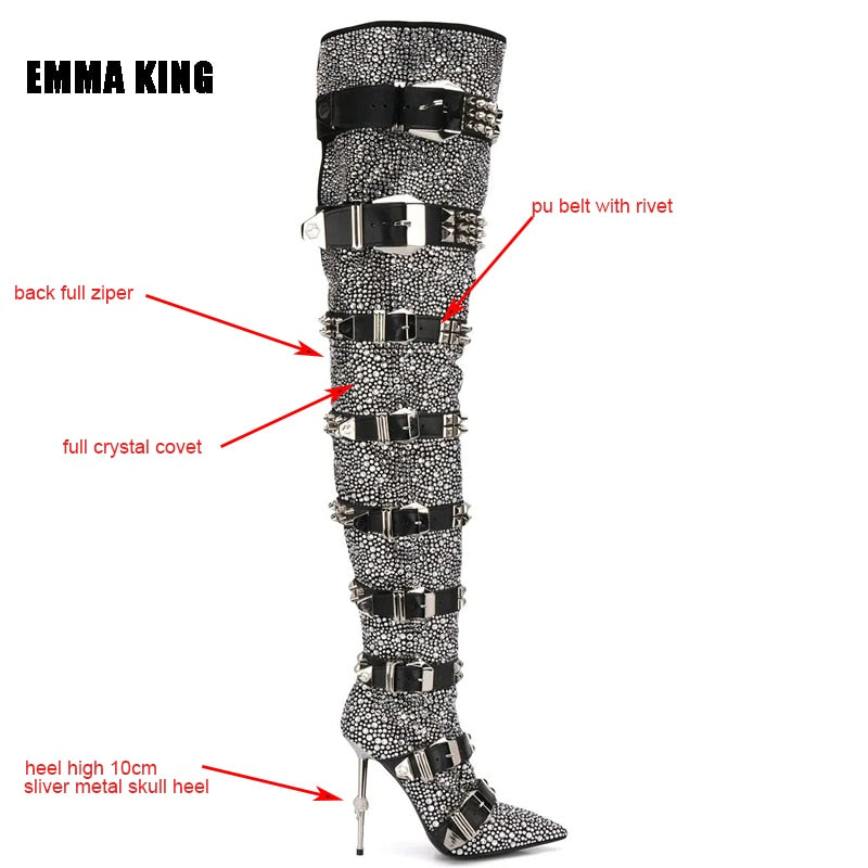 Crystal Over-the-Knee Thigh High Buckle Strap Rivet Gladiator Boots