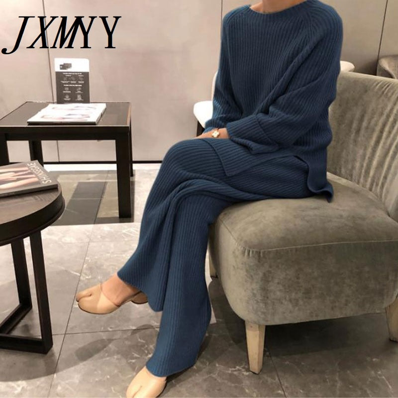 Knitted Pullover Sweater  + High Waist Loose Wide Leg Pants 2-Piece Set