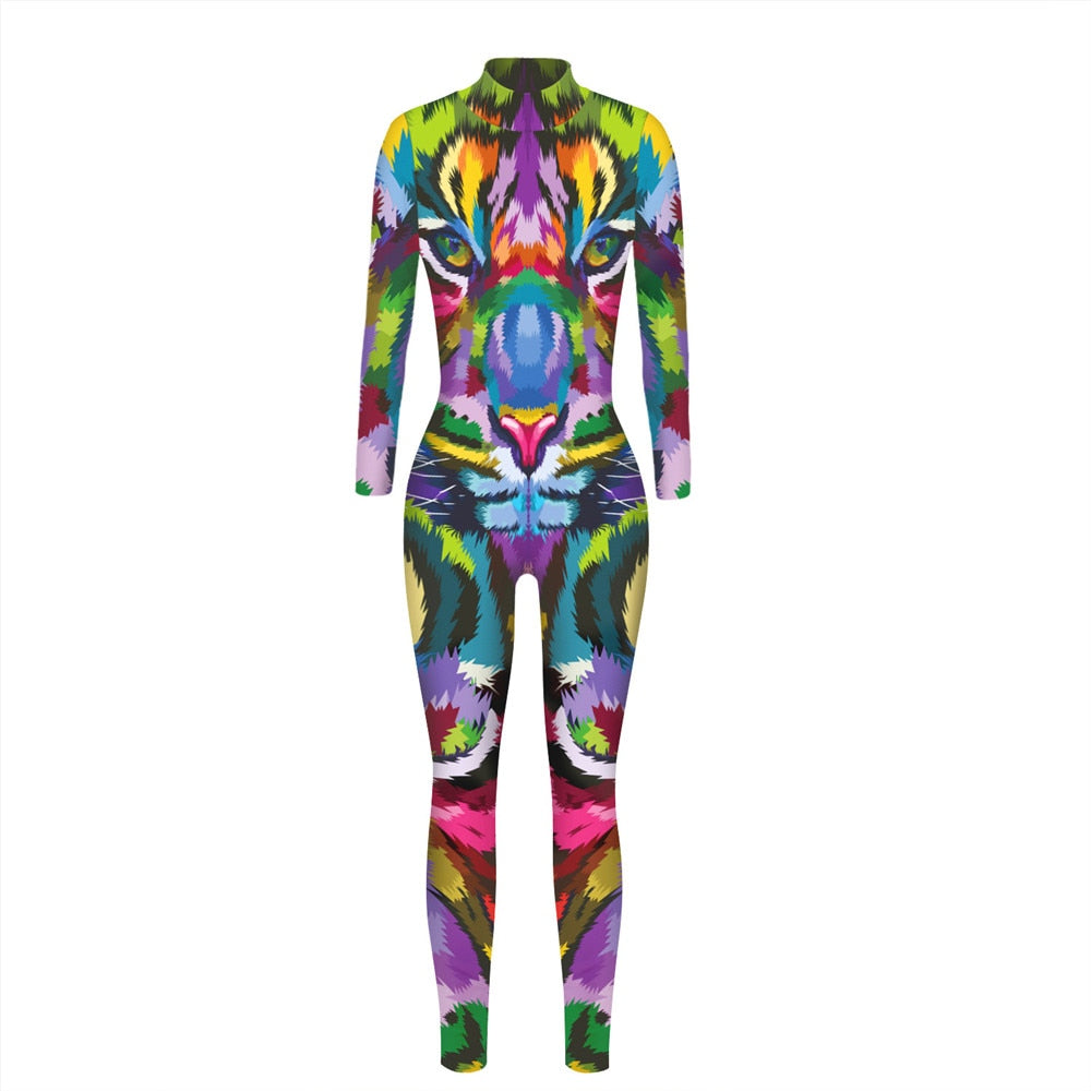 Rainbow Color 3D Tiger Print Long Sleeve Women's Skinny Jumpsuit