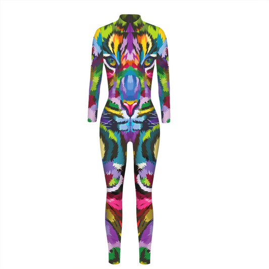 Rainbow Color 3D Tiger Print Long Sleeve Women's Skinny Jumpsuit