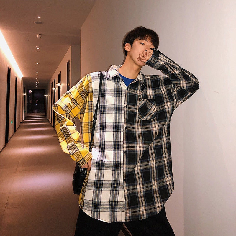 Men's Oversized Cotton Plaid Patchwork Button Up Long Sleeve Shirt