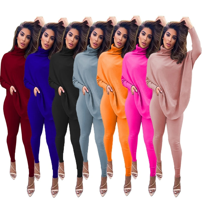 Batwing Long Sleeve Oversize Turtleneck Top & Bodycon Pant 2-Piece Set to 3X Plus