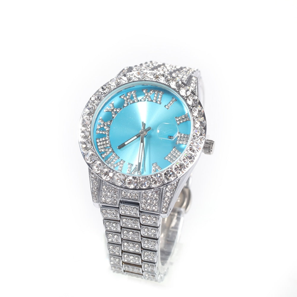 Big Dial Full Iced Out Colored Stainless Steel Men's Watches