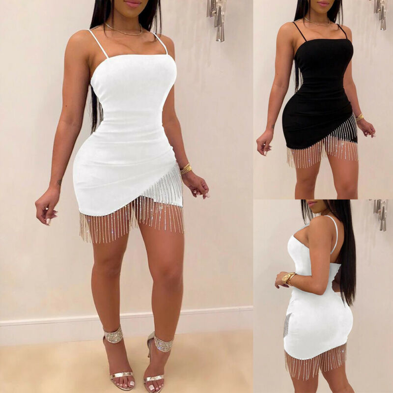 Tassel Hem Detail Cross Split Solid Color Sleeveless Spaghetti Strap Bodycon Suspender Mini Dress