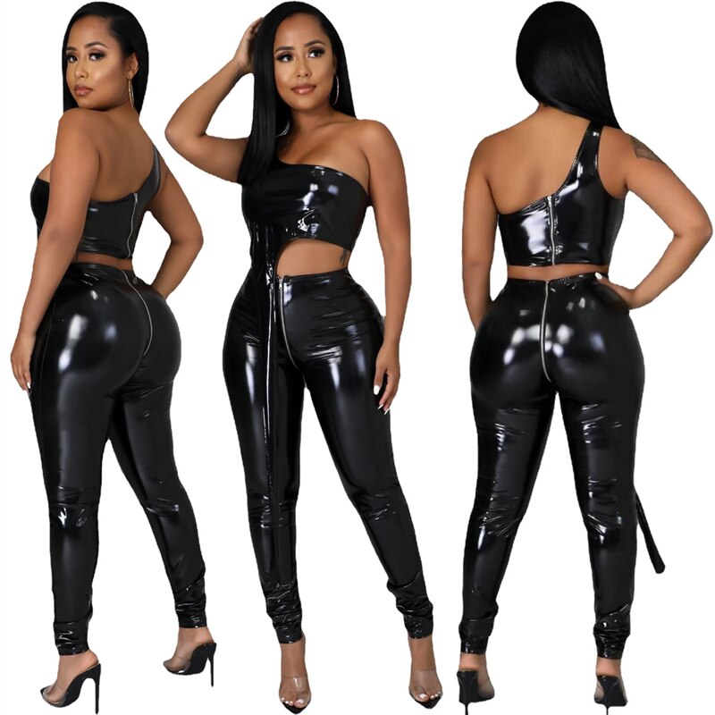 Asymmetrical Faux Leather One Shoulder Sleeveless Irregular Vest Crop Top + Zipper Pants 2-Piece Set