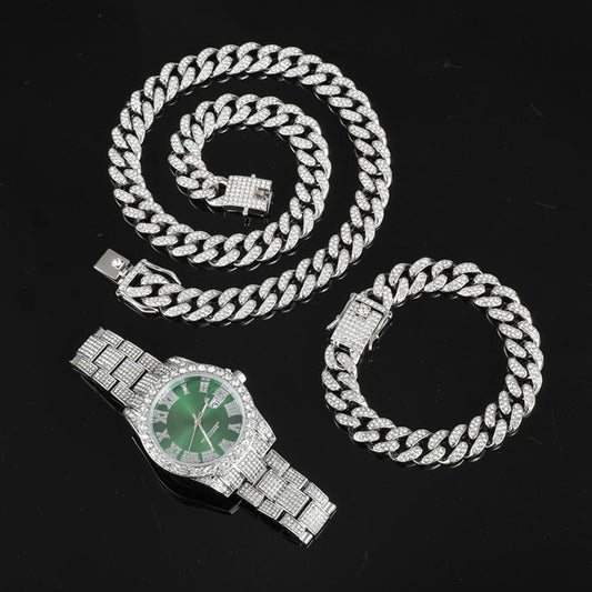 3-Piece Hip Hop/Rock Jewelry Sets: Bling Crystal AAA+ Rhinestone Iced Out Cuban Chain, Colored Watch + Bracelet