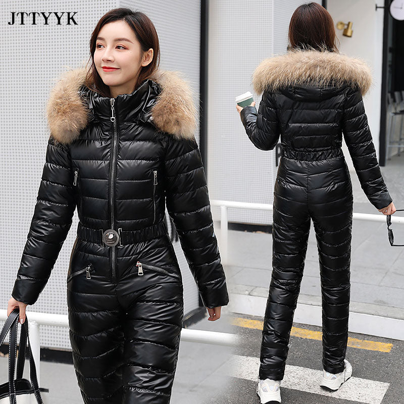 Fur Hood Quilted Solid Color Ladies Ski Snowsuit