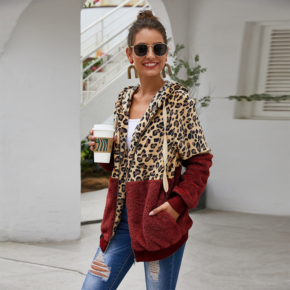 Leopard/Colorblock Women's Long Sleeve Zipper Hoodie Jacket