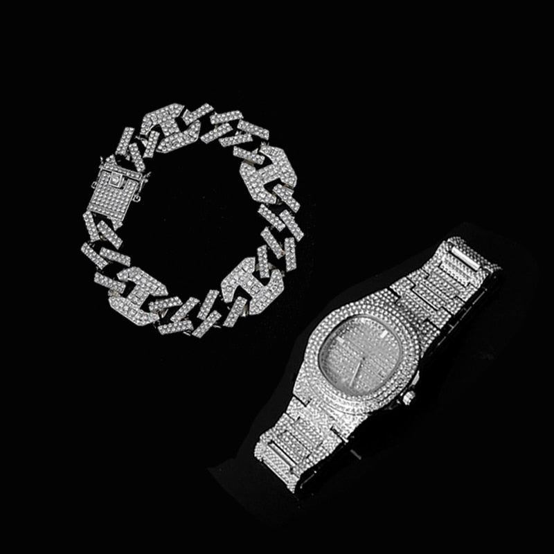 3-Piece Jewelry Hip Hop Gold Iced Out Paved Rhinestones CZ Bling  Sets: Cuban Chain, Watch & Bracelet