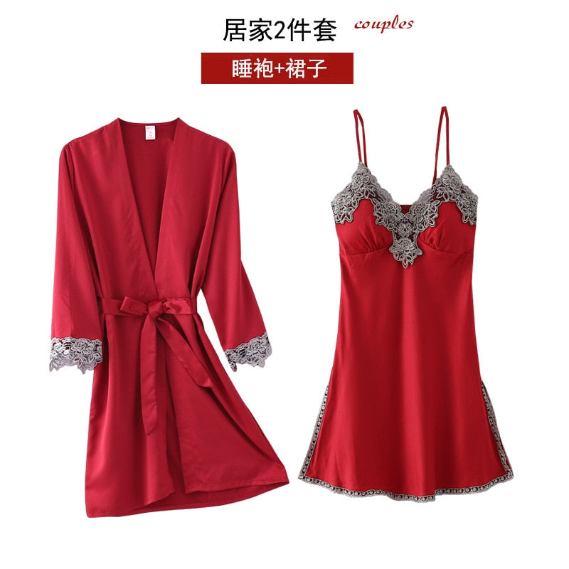 Satin 5-Piece Matching Women's Pajama Set: Robe, V-Neck Camisole, Pants Pants, Teddy Lingerie Top & Shorts