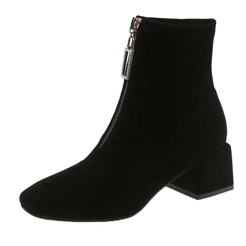 Square Heel Zipper Front Ankle Boots