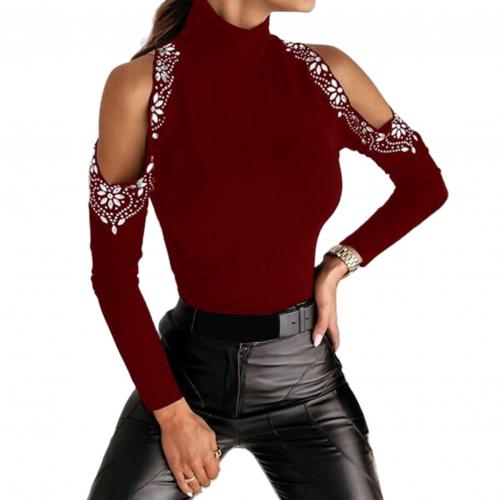 Turtle Neck Cold Shoulder Hot Drill Top