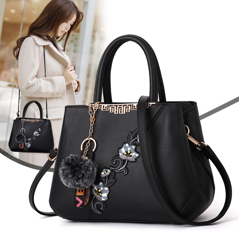 Colorblock Embroidered Messenger Leather Handbag