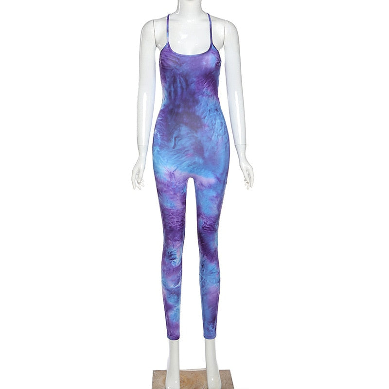 Tie-Dye Bodycon Sleeveless Backless Workout Fitness Jumpsuit