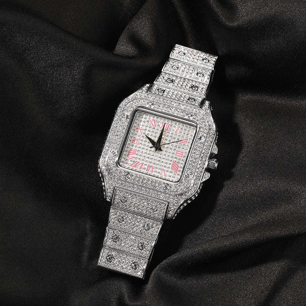 Hip Hop Full Iced Out Full Drill Square Stainless Steel Rhinestones Quartz Square Watch