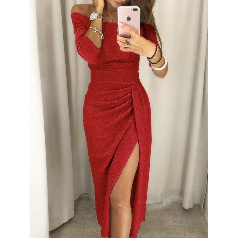 Off Shoulder Party Formal Cocktail Wedding Long Sleeve High Slit Dress