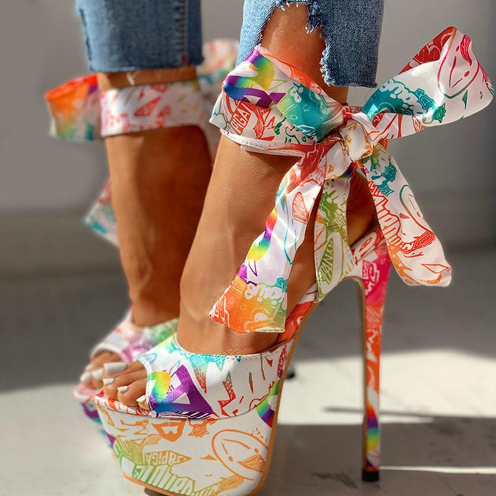 Tropical Print Big Bow Lace-Up Women's Platform Sandal Stiletto Pumps