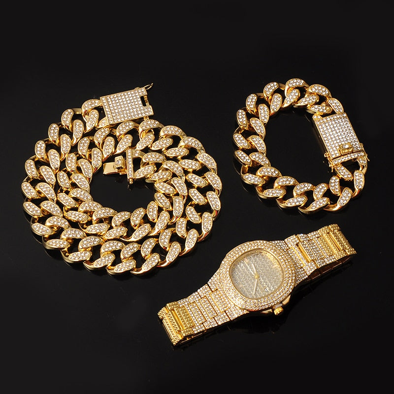 Cuban Chain Necklace + Bracelet + Watch Iced Out Paved Rhinestones CZ Chain Necklace 3-Piece Jewelry Set