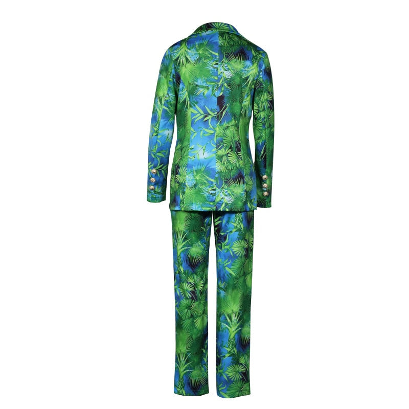 Multi-Colored Floral/ Leaf Print Single Breasted Women's Blazer & Matching Pants 2-Piece Suit