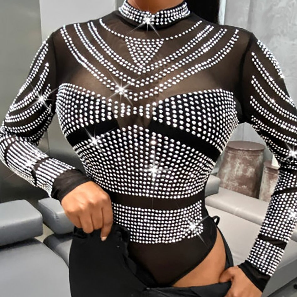 Transparent Mesh Long Sleeve Sheer Rhinestone Bodysuit