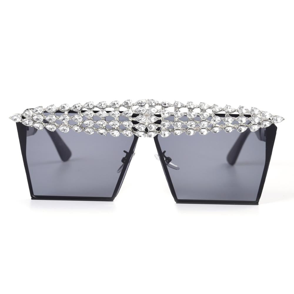 Mirror Reflective Square Diamond Net Flat Top Crystal Punk Sunglasses