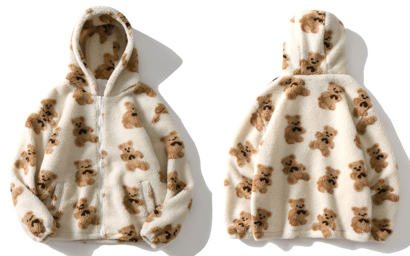 Fleece Men's Teddy Bear Print Fleece Zipper Hoodie Jacket