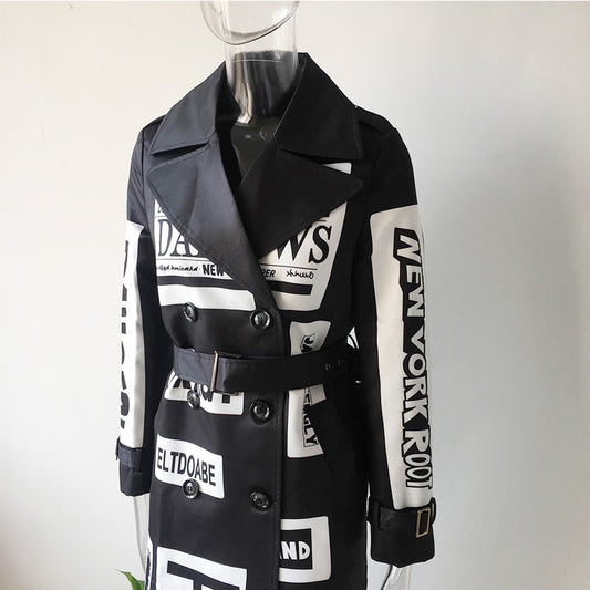 Women's Letter Print High Street Graffiti Windbreaker Trenchcoat