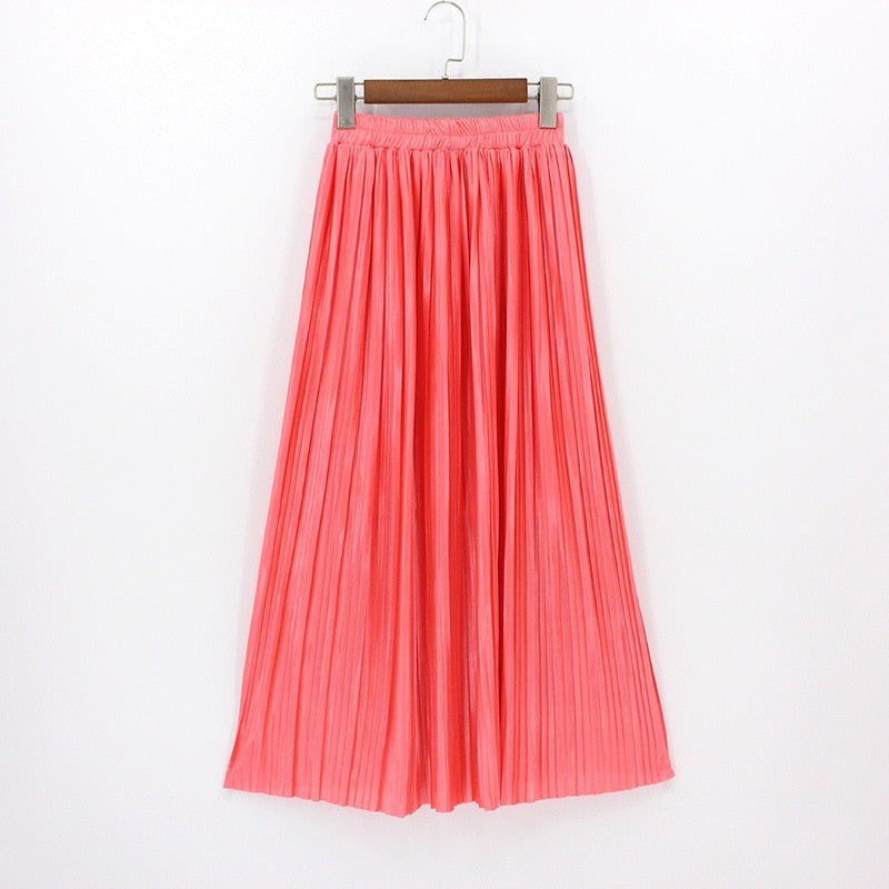 Satin Loose Pleated Solid Color High Waisted Maxi Skirt