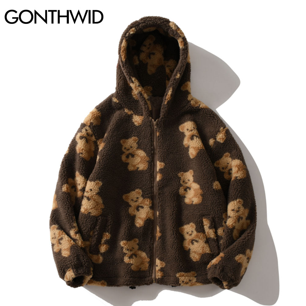 Fleece Men's Teddy Bear Print Fleece Zipper Hoodie Jacket