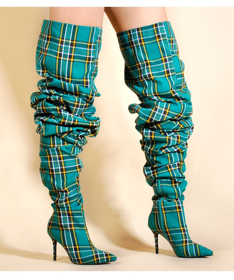 Thigh High Ladies Over The Knee High Heel Plaid Boots