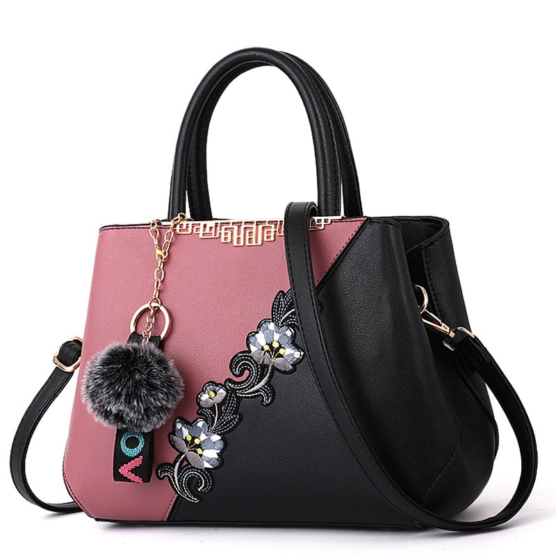 Colorblock Embroidered Messenger Leather Handbag