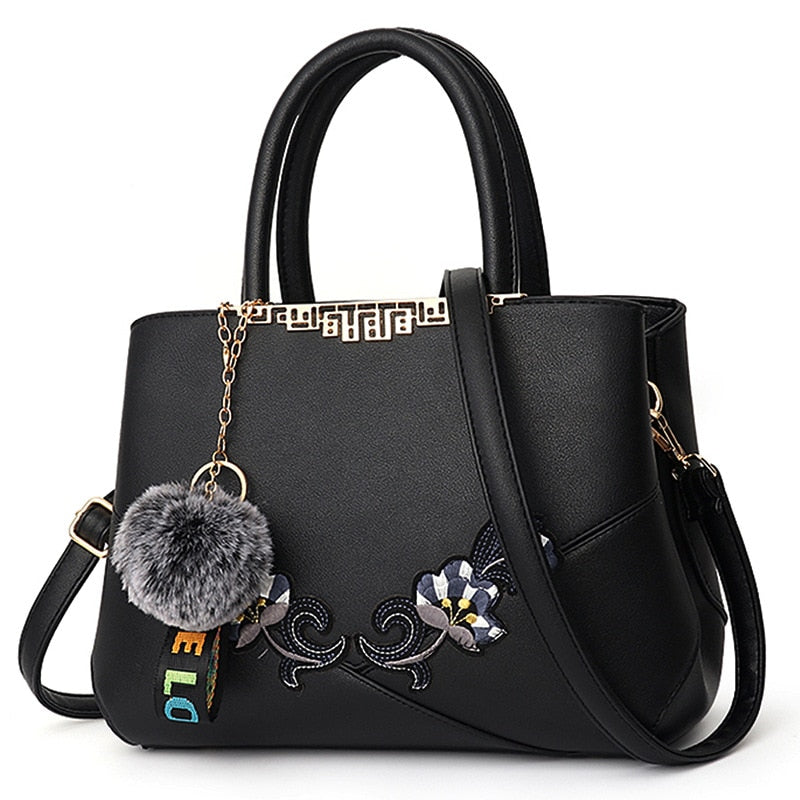 Colorblock Embroidered Messenger Leather Handbag