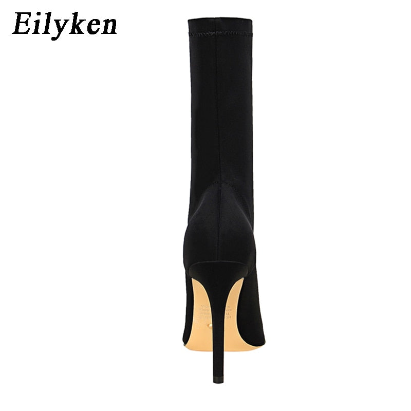 Stretch Fabric Pointed Toe Stiletto Ankle Boots