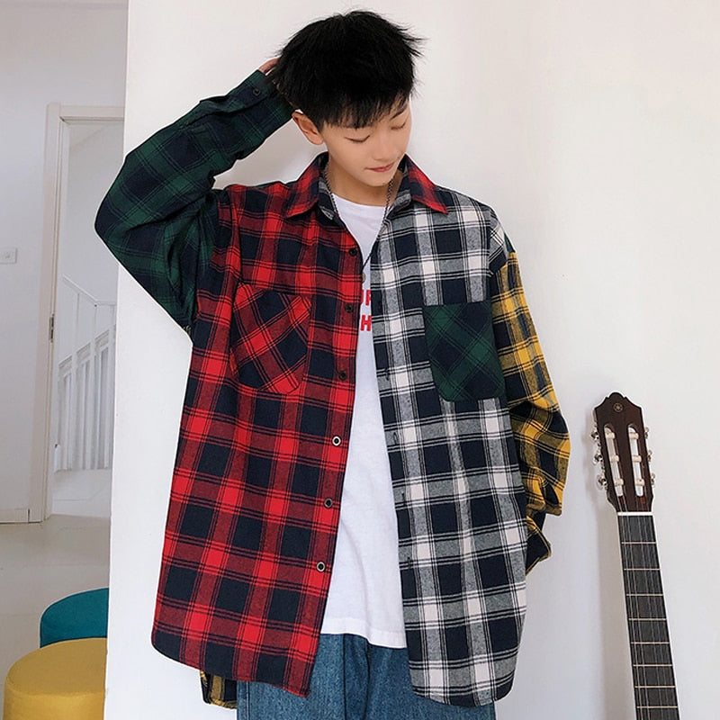 Men's Oversized Cotton Plaid Patchwork Button Up Long Sleeve Shirt