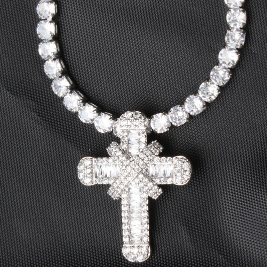 Unisex Cubic Zirconia Cross Tennis Pendant Necklace Chain