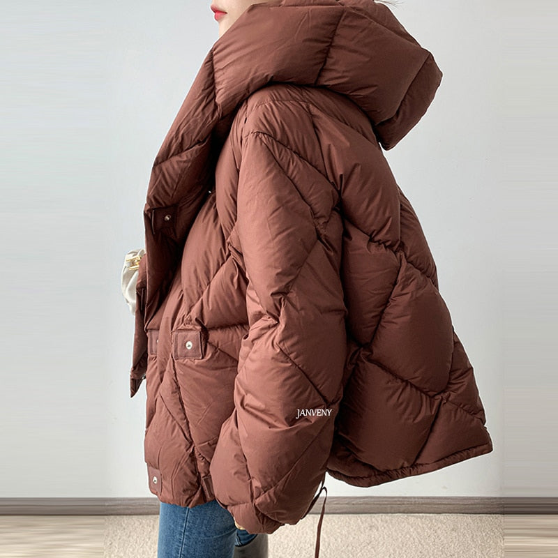 90% Duck Down Short Jacket Women Thick Warm Loose Cocoon Type Hooded Diamond Puffer Jacket