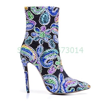 Paisley Crystal Studded Flower Stiletetto Heel Side Zipper Ankle Boots