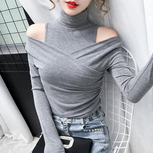 Patchwork Women's Hollow-Out Turtleneck Long Sleeve Off-The-Shoulder Bodycon Skinny Shirt